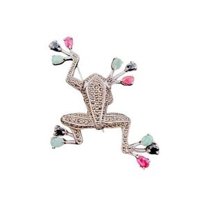 Vintage 925 Sterling Silver Marcasite & Red Green Black Gemstone Frog Brooch Pin